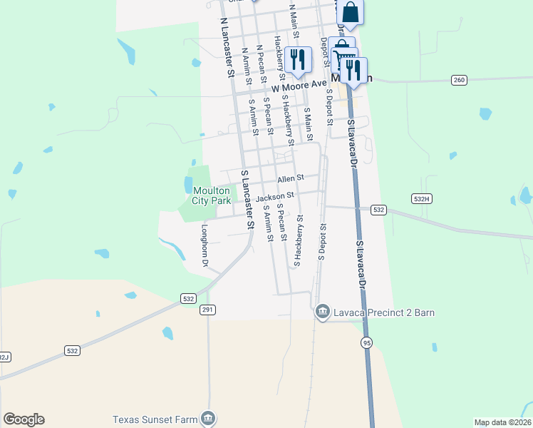 map of restaurants, bars, coffee shops, grocery stores, and more near 703 South Arnim Street in Moulton