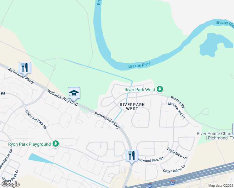 map of restaurants, bars, coffee shops, grocery stores, and more near 2414 Rustic Trail Lane in Richmond