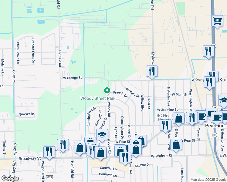 map of restaurants, bars, coffee shops, grocery stores, and more near 2112 Rose Road in Pearland