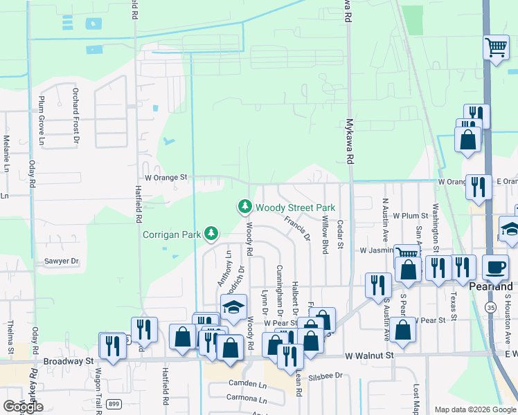 map of restaurants, bars, coffee shops, grocery stores, and more near 2112 Rose Road in Pearland