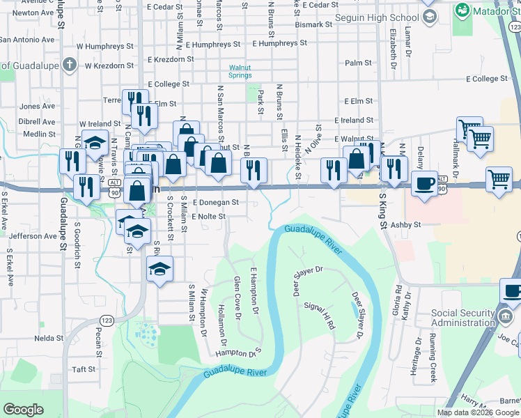 map of restaurants, bars, coffee shops, grocery stores, and more near 750 Cedar Parkway in Seguin