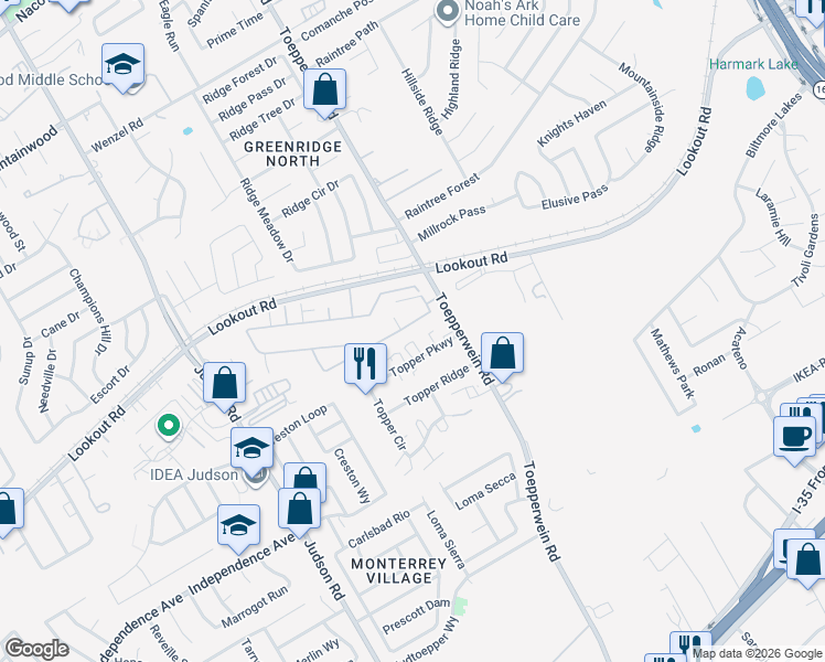 map of restaurants, bars, coffee shops, grocery stores, and more near 6635 Topper Parkway in San Antonio