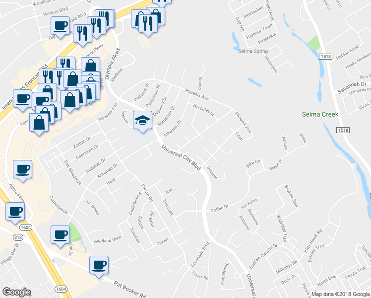 map of restaurants, bars, coffee shops, grocery stores, and more near 8510 Spartan Terrace in Universal City