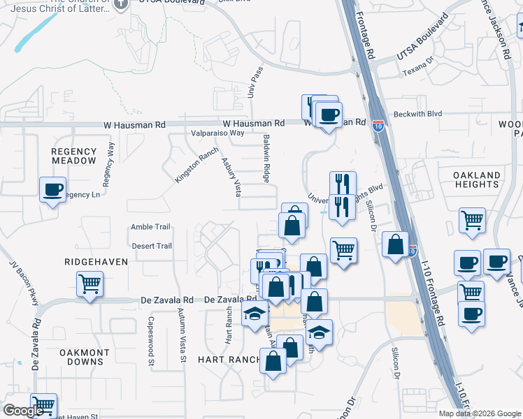 map of restaurants, bars, coffee shops, grocery stores, and more near 5827 Piedmont Glen in San Antonio