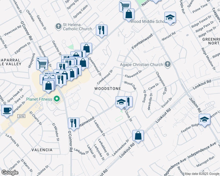 map of restaurants, bars, coffee shops, grocery stores, and more near 5630 Clearwood Street in San Antonio