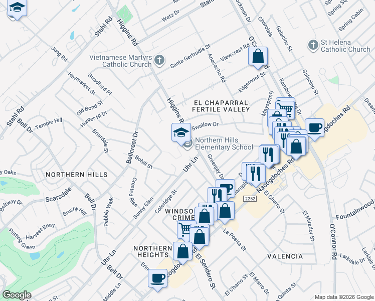 map of restaurants, bars, coffee shops, grocery stores, and more near 13901 Higgins Road in San Antonio