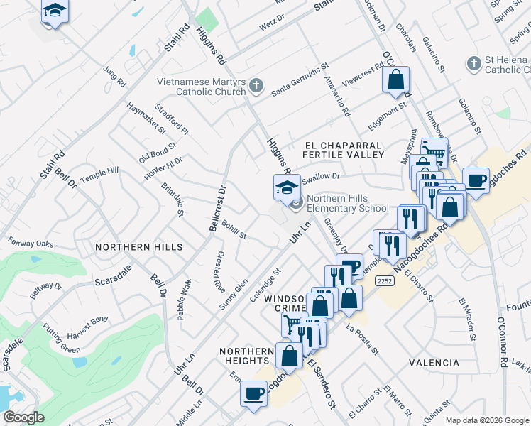 map of restaurants, bars, coffee shops, grocery stores, and more near 4755 Crested Grove in San Antonio