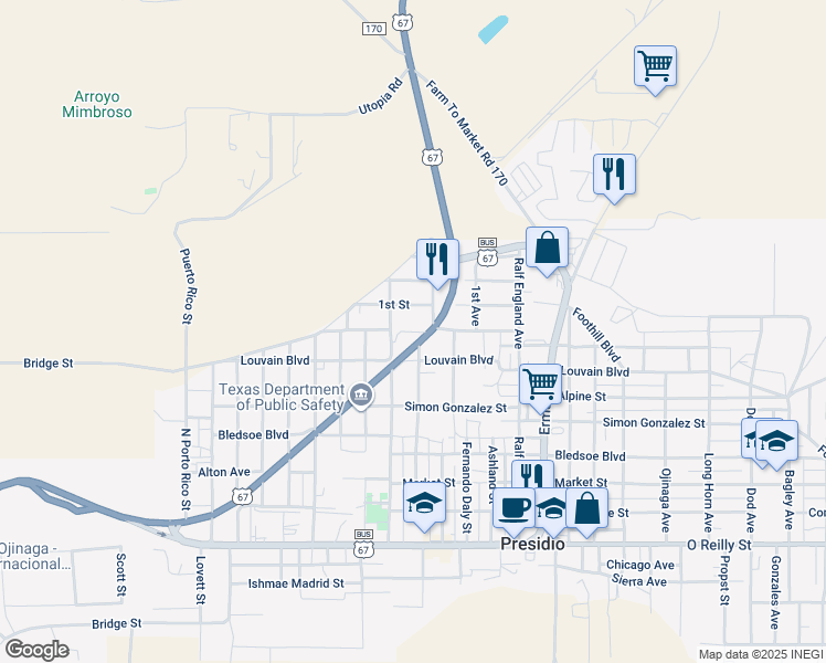 map of restaurants, bars, coffee shops, grocery stores, and more near Rosedale Avenue in Presidio