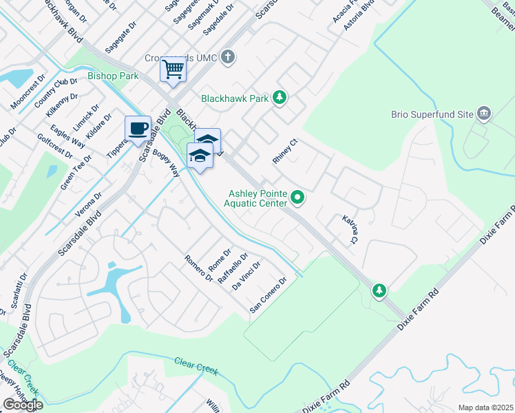 map of restaurants, bars, coffee shops, grocery stores, and more near 9831 Glascow Green in Houston