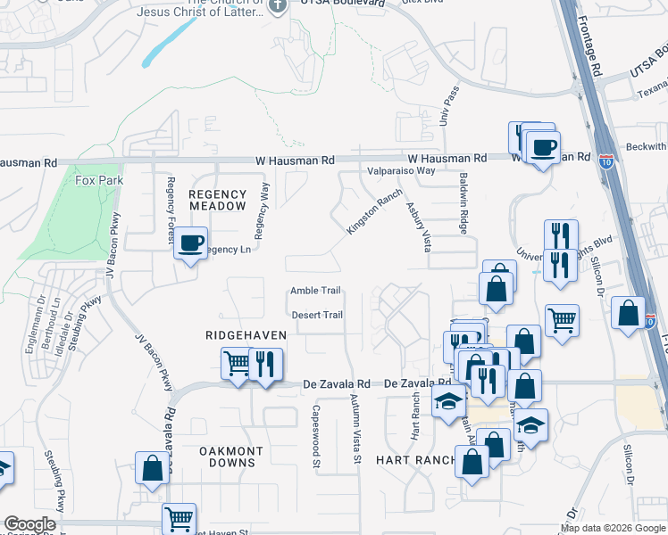 map of restaurants, bars, coffee shops, grocery stores, and more near 6103 Amherst Bay in San Antonio