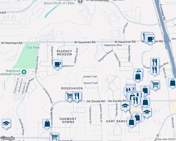 map of restaurants, bars, coffee shops, grocery stores, and more near 6211 Amherst Bay in San Antonio