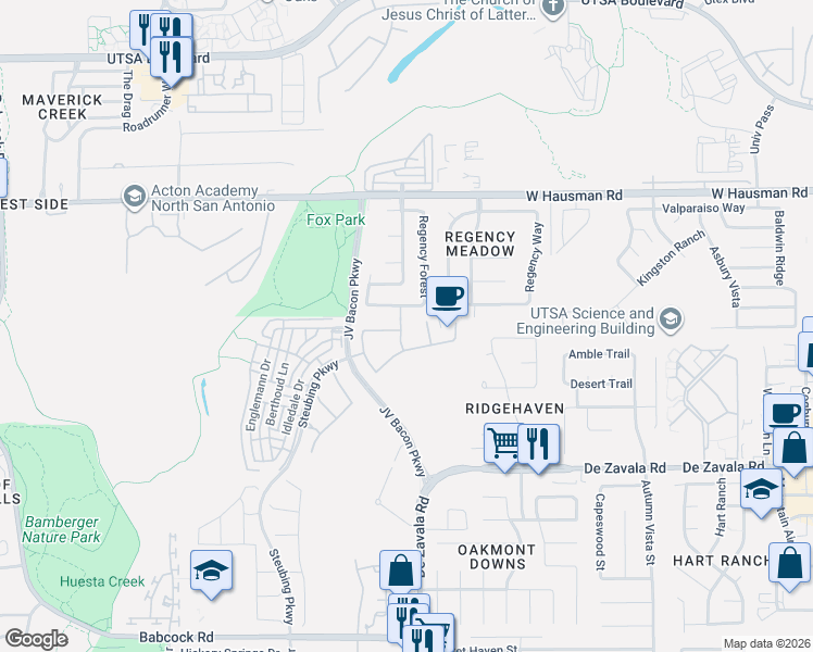 map of restaurants, bars, coffee shops, grocery stores, and more near 6607 Willow Farm in San Antonio