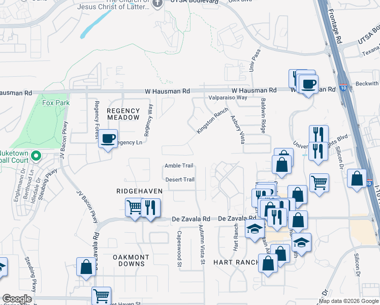 map of restaurants, bars, coffee shops, grocery stores, and more near 6103 Amherst Bay in San Antonio