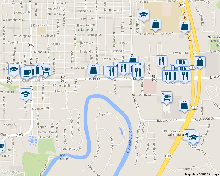 map of restaurants, bars, coffee shops, grocery stores, and more near 965 Nolan Street in Seguin