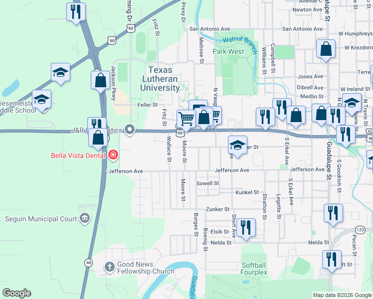 map of restaurants, bars, coffee shops, grocery stores, and more near 1015 Baker Street in Seguin