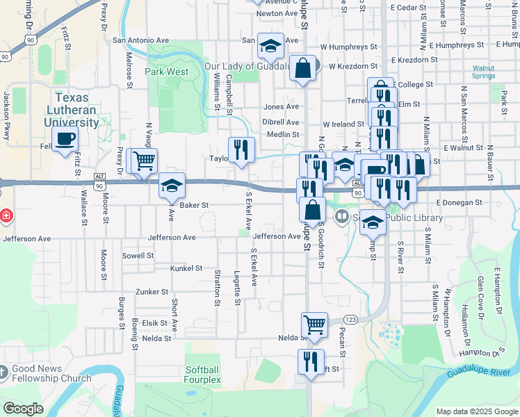 map of restaurants, bars, coffee shops, grocery stores, and more near 701 Baker Street in Seguin