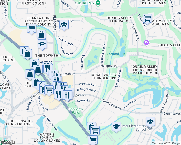 map of restaurants, bars, coffee shops, grocery stores, and more near 3510 Cobleskill Ct in Missouri City