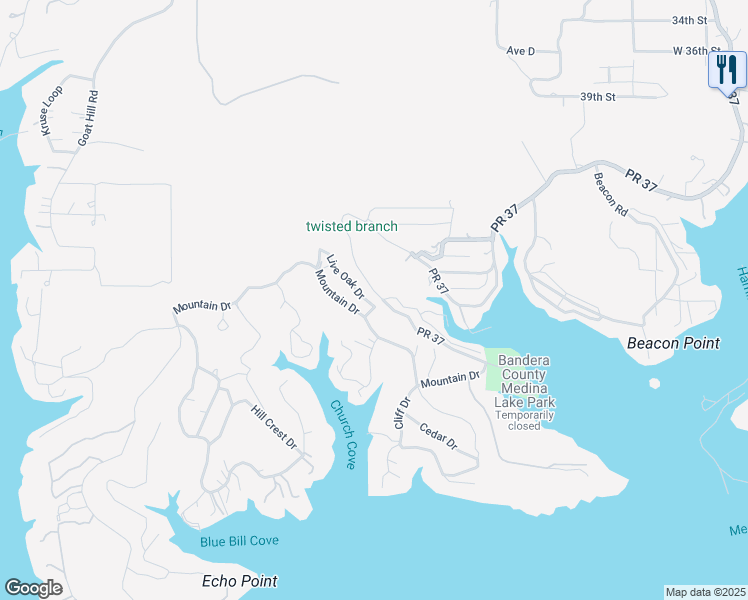 map of restaurants, bars, coffee shops, grocery stores, and more near 556 Mountain Drive in Lakehills
