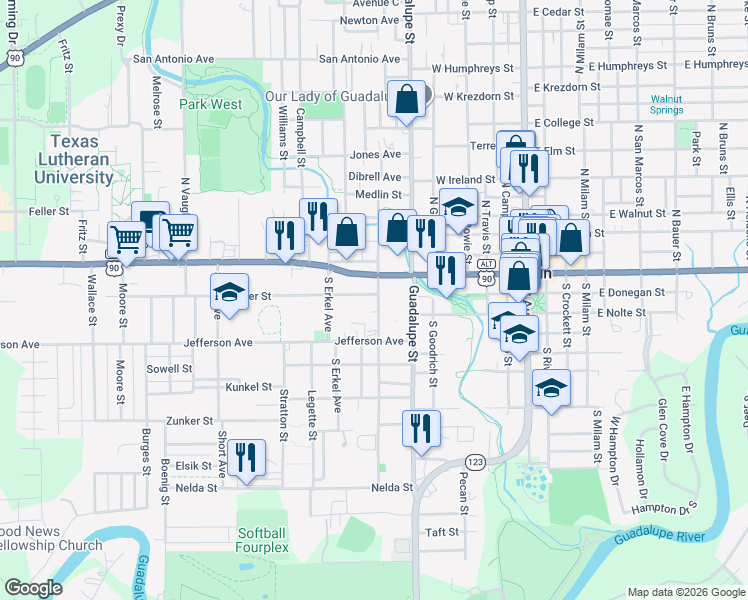 map of restaurants, bars, coffee shops, grocery stores, and more near 603 Baker Street in Seguin