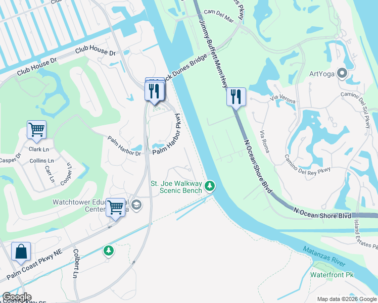map of restaurants, bars, coffee shops, grocery stores, and more near 800 Canopy Walk Lane in Palm Coast