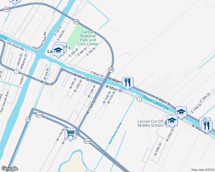 map of restaurants, bars, coffee shops, grocery stores, and more near 441 West Main Street in Larose