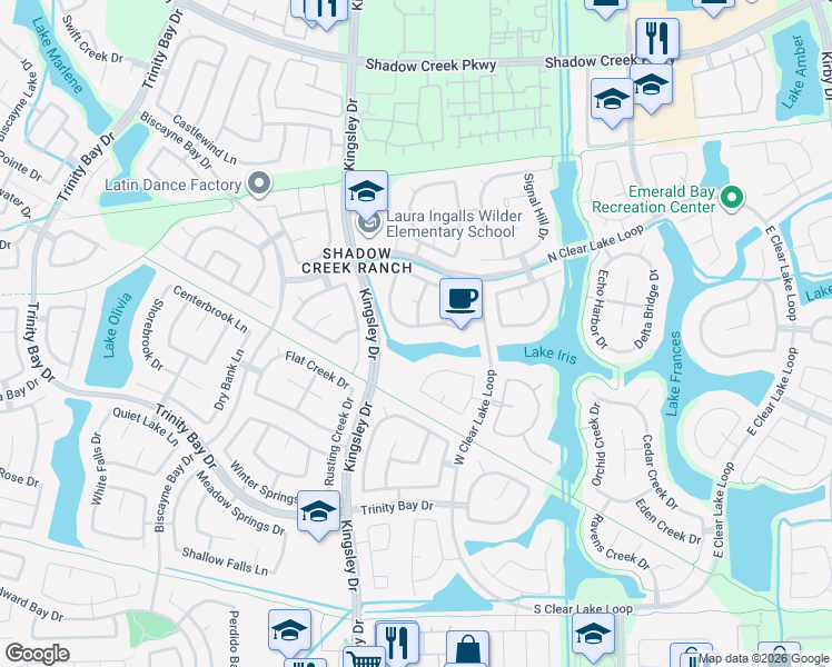 map of restaurants, bars, coffee shops, grocery stores, and more near 2332 Diamond Springs Drive in Pearland