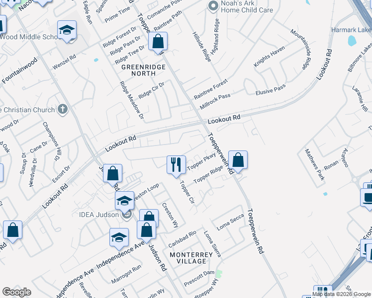 map of restaurants, bars, coffee shops, grocery stores, and more near 6515 Marcel Way in San Antonio