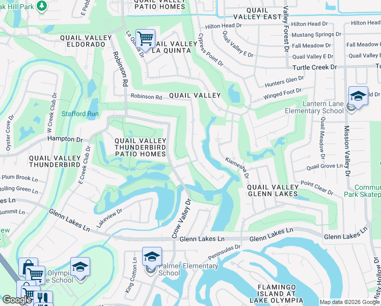 map of restaurants, bars, coffee shops, grocery stores, and more near 3506 Robinson Road in Missouri City