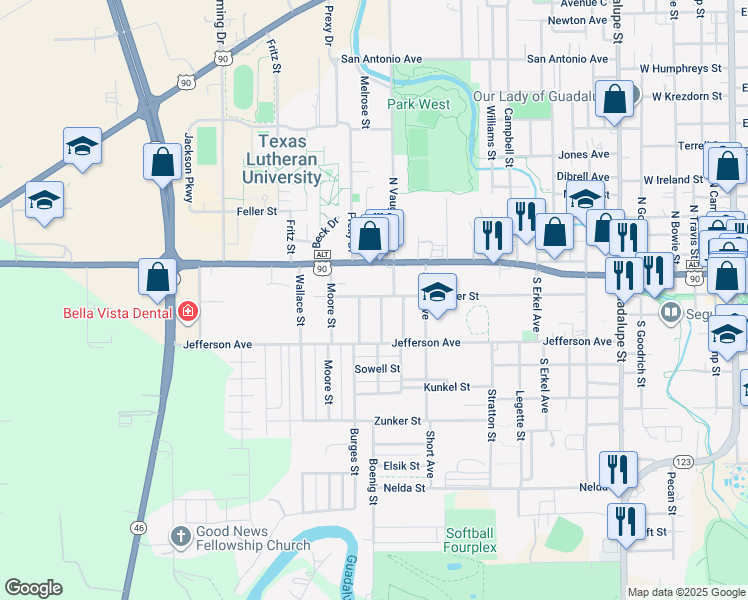 map of restaurants, bars, coffee shops, grocery stores, and more near 204 Romberg Street in Seguin