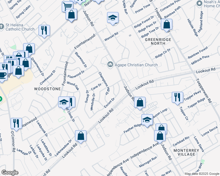 map of restaurants, bars, coffee shops, grocery stores, and more near 5520 Champions Hill Drive in San Antonio