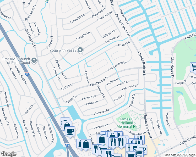 map of restaurants, bars, coffee shops, grocery stores, and more near 117 Fort Caroline Lane in Palm Coast