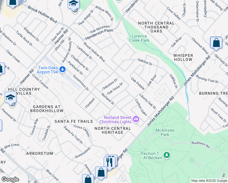 map of restaurants, bars, coffee shops, grocery stores, and more near 2022 Oak Vista Street in San Antonio