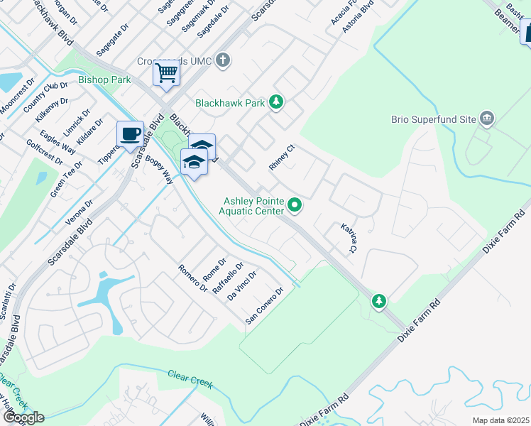 map of restaurants, bars, coffee shops, grocery stores, and more near 9831 Glascow Green in Houston