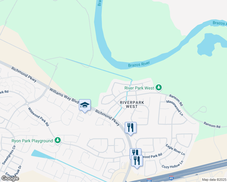 map of restaurants, bars, coffee shops, grocery stores, and more near 2414 Rustic Trail Ln in Richmond