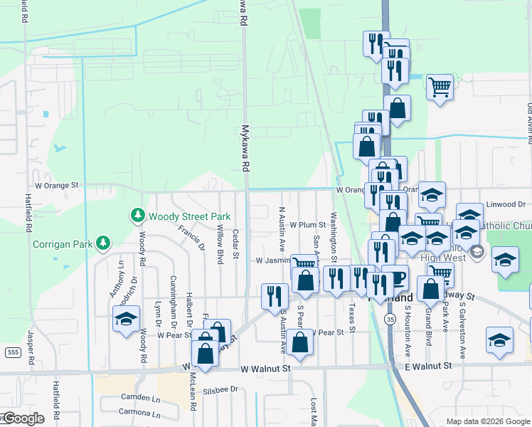map of restaurants, bars, coffee shops, grocery stores, and more near 4630 Orange Circle North in Pearland