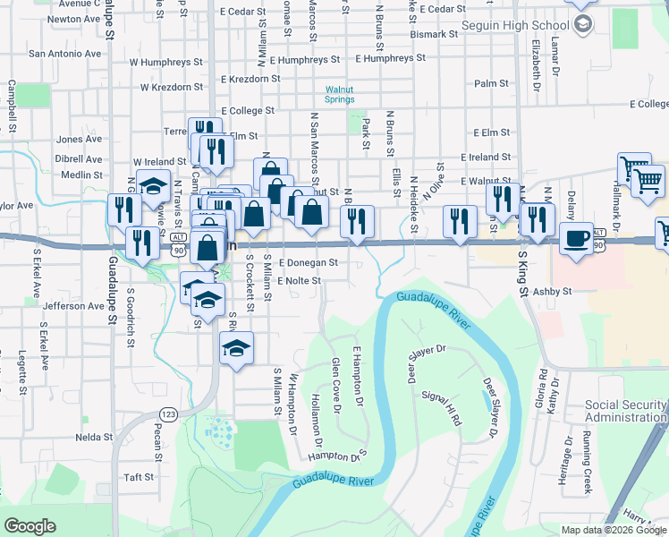 map of restaurants, bars, coffee shops, grocery stores, and more near 615 East Donegan Street in Seguin