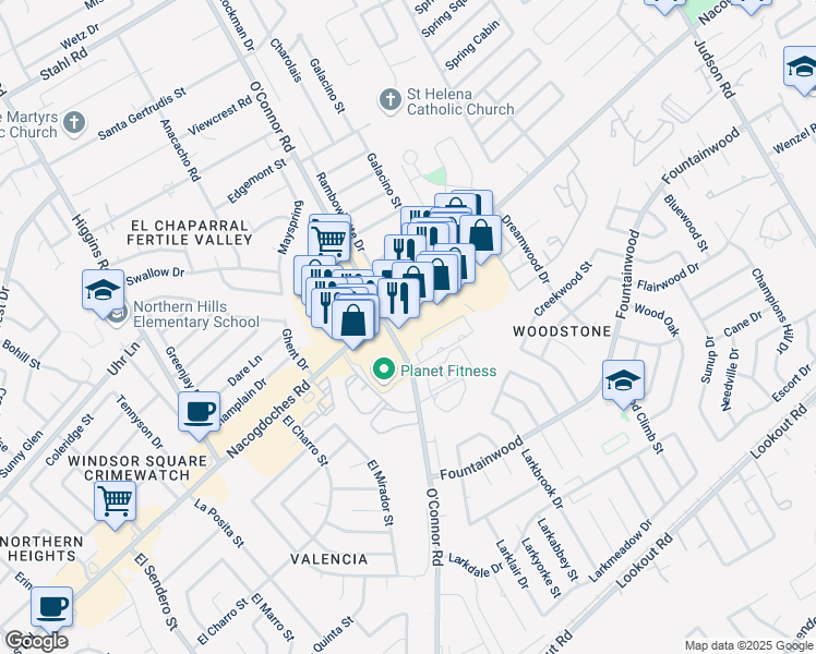 map of restaurants, bars, coffee shops, grocery stores, and more near 13908 O'Connor Road in San Antonio