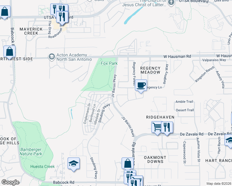 map of restaurants, bars, coffee shops, grocery stores, and more near 6643 Willow Farm in San Antonio
