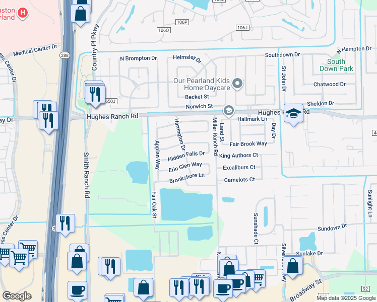 map of restaurants, bars, coffee shops, grocery stores, and more near 10017 Hidden Falls Drive in Pearland