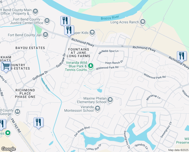 map of restaurants, bars, coffee shops, grocery stores, and more near 23714 Old Blue Court in Richmond