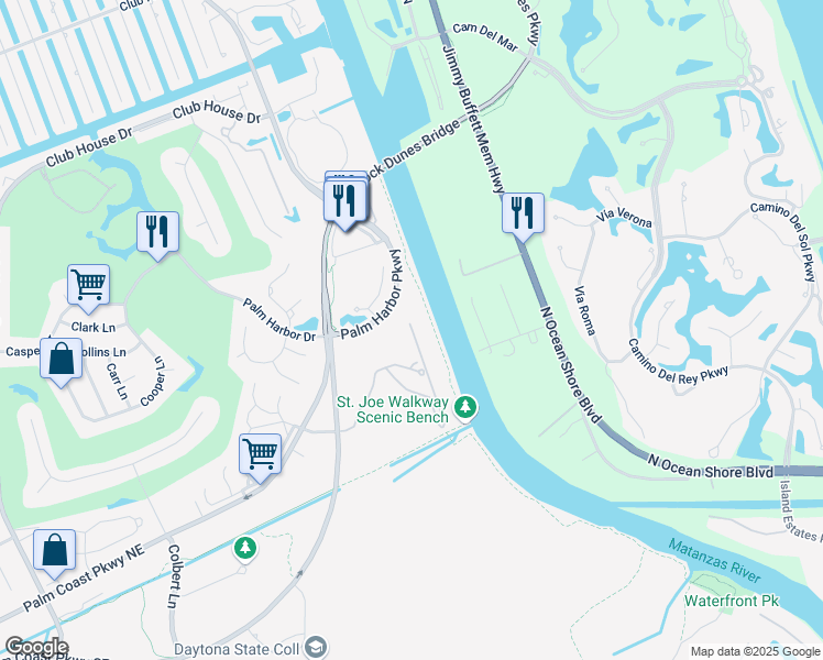 map of restaurants, bars, coffee shops, grocery stores, and more near 800 Canopy Walk Lane in Palm Coast