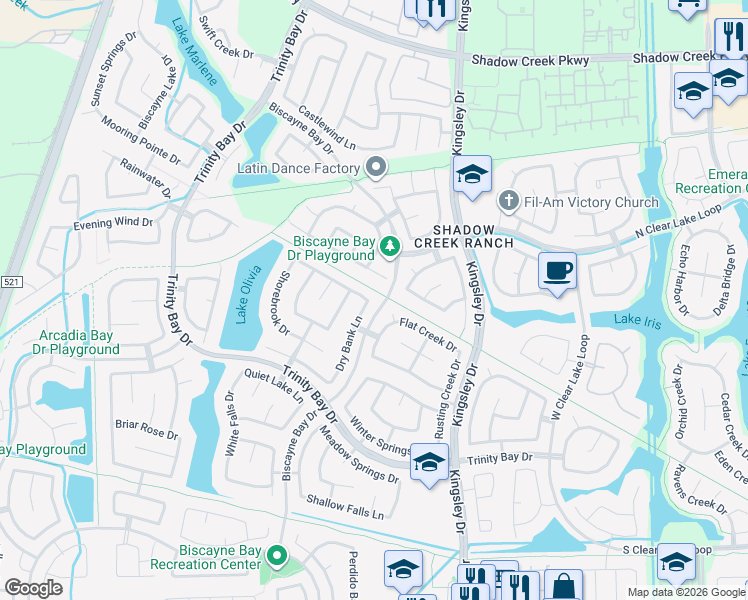 map of restaurants, bars, coffee shops, grocery stores, and more near 2401 Dry Bank Lane in Pearland