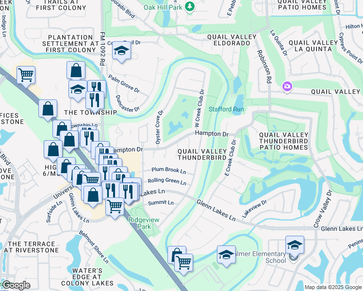 map of restaurants, bars, coffee shops, grocery stores, and more near 3510 Cobleskill Court in Missouri City