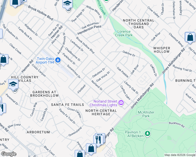 map of restaurants, bars, coffee shops, grocery stores, and more near 2022 Oak Vista Street in San Antonio