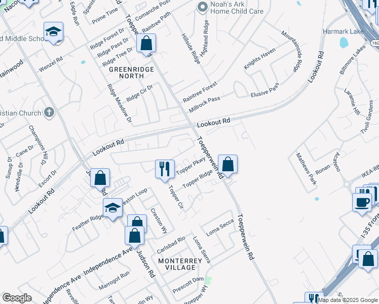 map of restaurants, bars, coffee shops, grocery stores, and more near 6635 Topper Parkway in San Antonio