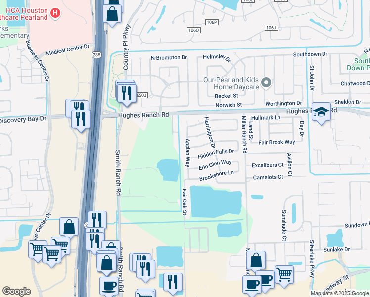 map of restaurants, bars, coffee shops, grocery stores, and more near 2318 Appian Way in Pearland