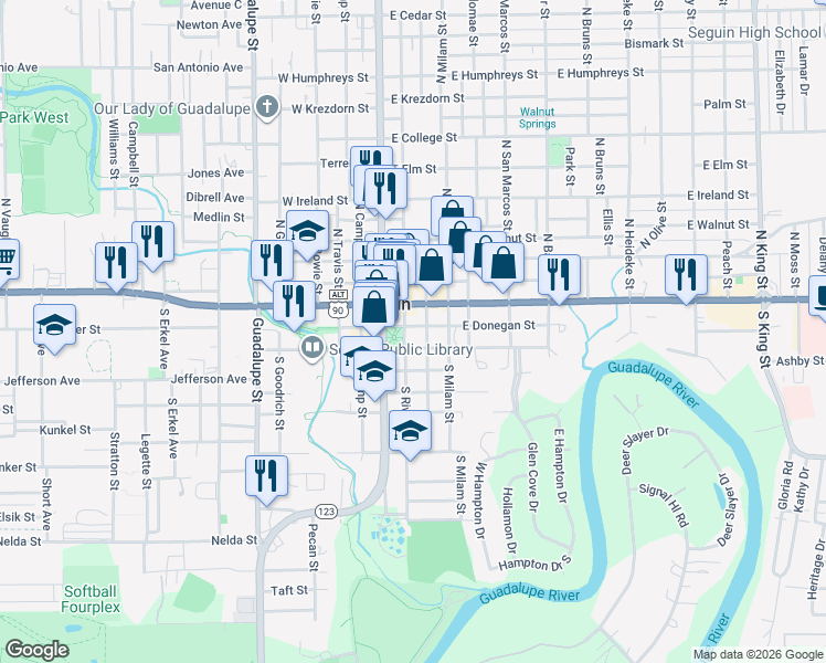 map of restaurants, bars, coffee shops, grocery stores, and more near 201 South River Street in Seguin