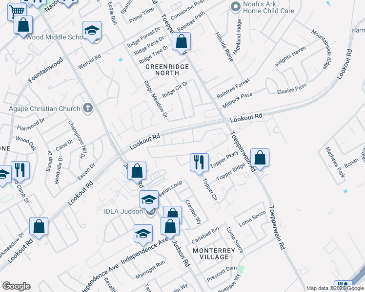 map of restaurants, bars, coffee shops, grocery stores, and more near 6422 Melanzane Avenue in San Antonio