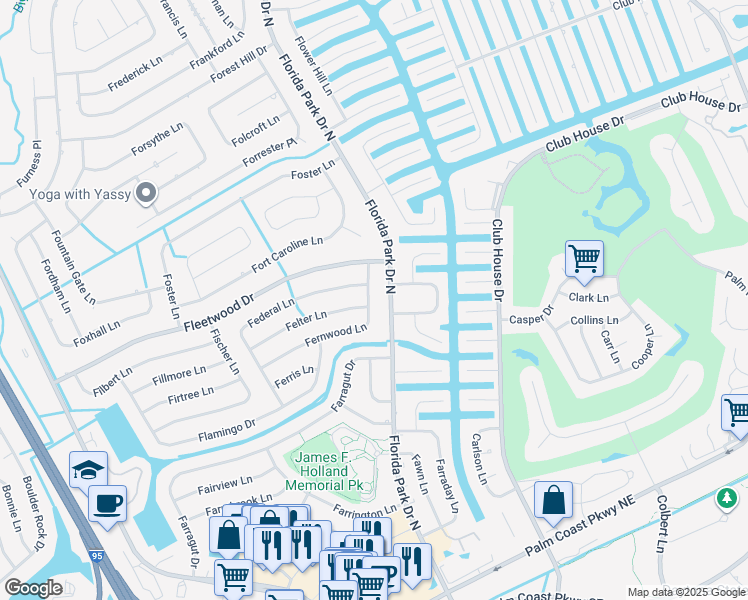 map of restaurants, bars, coffee shops, grocery stores, and more near 12 Fernwood Lane in Palm Coast