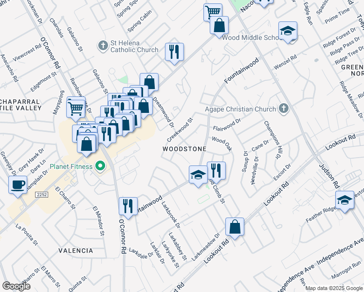 map of restaurants, bars, coffee shops, grocery stores, and more near 5630 Clearwood Street in San Antonio